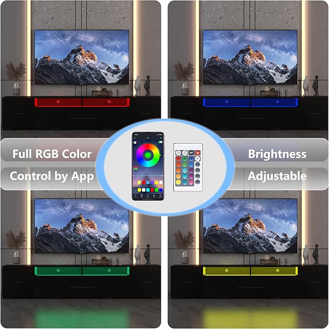 LED TV Stand for 55 65 75 85 Inch TV Minimalism Entertainment Center with LED Light Symmetric Assembled TV Console TV Table with Large Storage for 60 70 80 Inch TV for Living Room Black