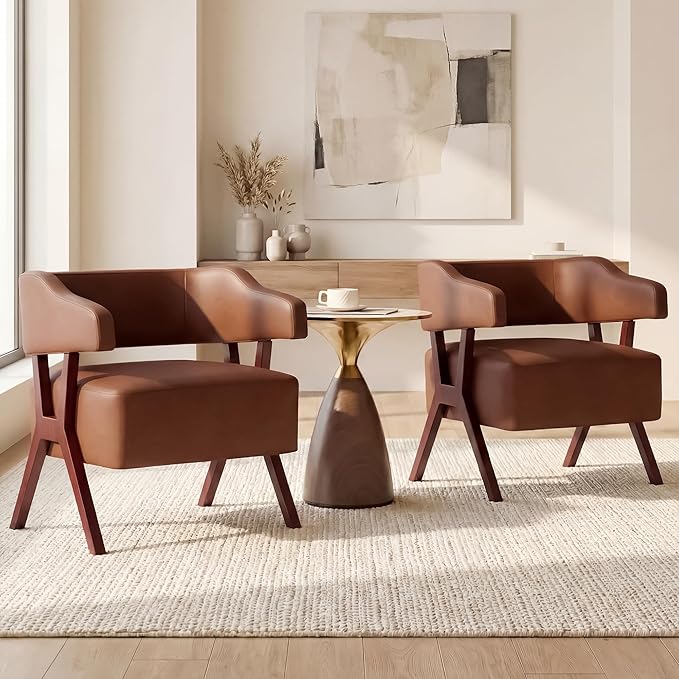 STHOUYN Leather Accent Chairs Barrel Chair with Solid Wood Frame Mid-Century Modern Wooden Armchair with Wraparound Back Comfy Office Reading Chair for Living Room Bedroom (2 Brown)