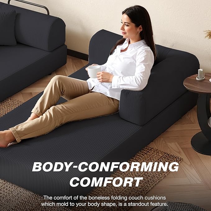 79'' Folding Sofa Bed 5-in-1 Convertible Sofa Bed BonelessComfy Foldable Foam Couch with Pillow Modular Floor Couch for Living RoomBedroomLounge - Corduroy Black