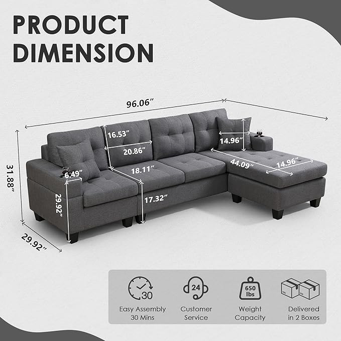 Wakefit Sectional Sofa Couch Modern 4-Seaters Living Room Furniture Sets with Reversible Chaise Lounge &amp 2 Pillows | L Shape Couch | Cup Holders | Linen Fabric Gray