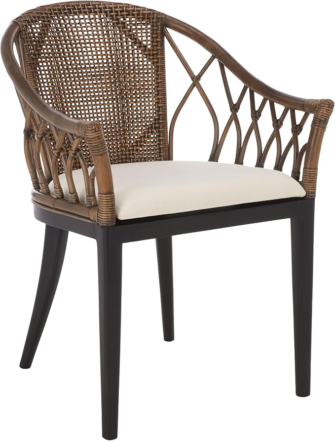 SAFAVIEH Home Collection – Miyomi Brown Rattan Arm Chair with Ivory Seat Cushion Coastal Modern Design Fully Assembled (ACH4900A)