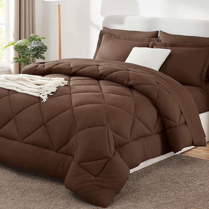 CozyLux Queen Comforter Set Brown - Bed in a Bag Queen Size 7 Pieces Luxury Soft Bed Set for All Seasons Bedding Set with Down Alternative Comforter Sheets Pillowcases &amp Shams