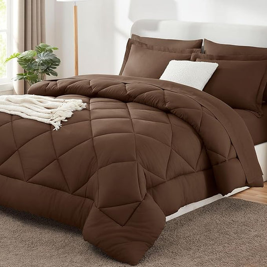 CozyLux Queen Comforter Set Brown - Bed in a Bag Queen Size 7 Pieces Luxury Soft Bed Set for All Seasons Bedding Set with Down Alternative Comforter Sheets Pillowcases &amp Shams