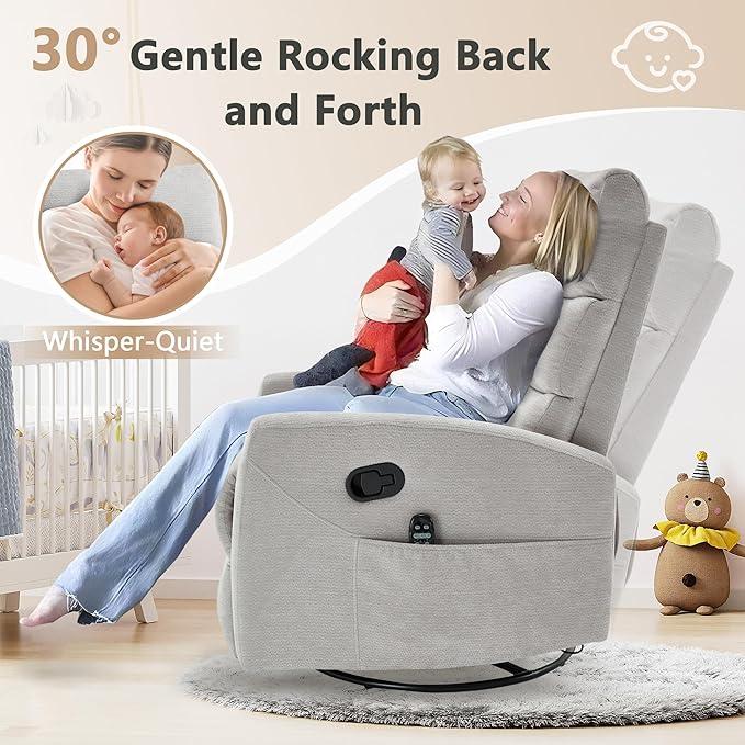 cinkehome Small Swivel Rocker Recliner Chair with Heated Massage Upholstered Nursery Glider Recliner Chair High Back Side Pocket (Beige Chenille Fabric)