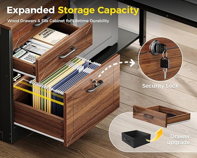 AODK 61 L Shaped Office Desk with Wood Drawers &amp Lockable File Cabinet Reversible 21.7 D Corner Computer Desk with Built-in Power Outlets Executive Desk for Home Office Walnut