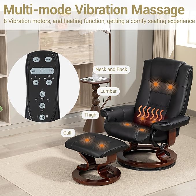 8-Point Massage Recliner with Ottoman Heated PU Leather Reclining Chair w/Solid Wood Base Indoor Lounge TV Chair with Footrest for Living Room and Bedroom Black