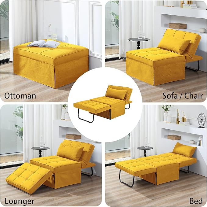 BIGSYY Sofa Bed Set of 4 in 1 Multi-Function Folding Ottoman Breathable Linen Couch Bed with Adjustable Backrest Modern Convertible Chair for Living Room Apartment Office Yellow