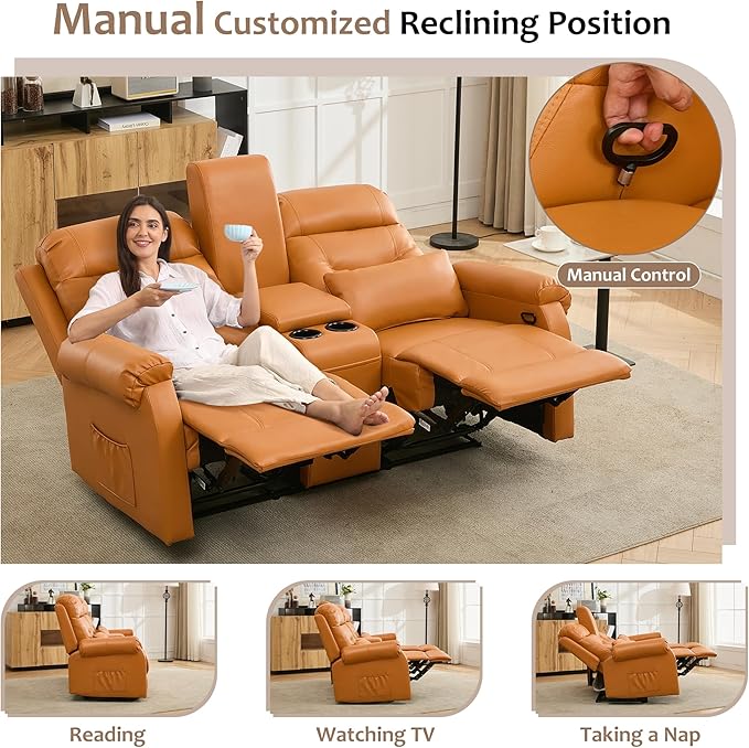 DRMBOOK RV Loveseat Recliner Sofa with Console Faux Leather Double Wall Hugger Reclining Couch Manual Movie Seating 2 Person Recliner Chair with Cup Holders/Storage/Pocket/Lumbar Pillow Orange