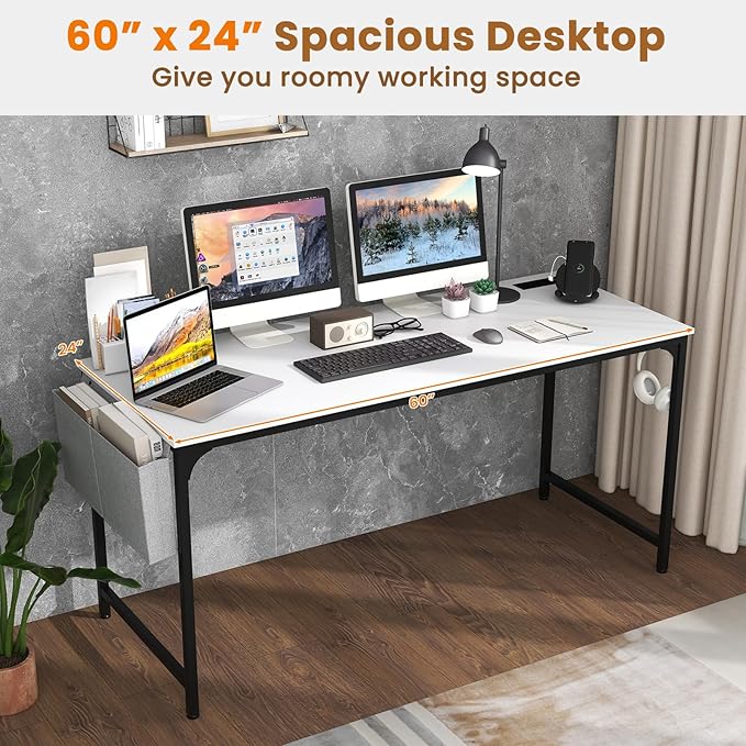 Giantex 60 Inch Computer Desk with Charging Station Home Office Writing Desk with Storage Bag &amp Headphone Hook Large Gaming Table PC Workstation Modern Simple Laptop Desk for Bedroom Study