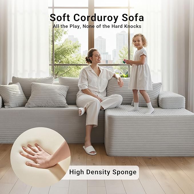 Claiks 95 Boneless Couch Cloud Couch Sectional L-Shape Corduroy Modular Sectional Sofa Deep Seat Upholstered Couches for Living Room No Assembly Required Light Gray Right Facing Chaise