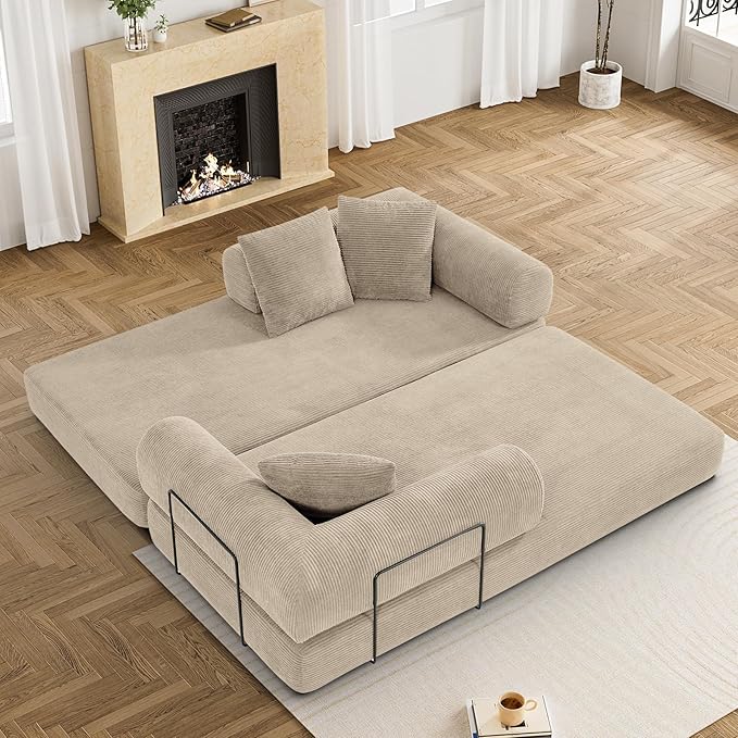 Convertible Sofa Bed Corduroy Memory Foam Compression Sofa Modular Floor Sofa with Pull-Out Bed Compressed Couch in Box Folding Sleeper Couches Bed for Living Room Bedroom Lounge Light Brown
