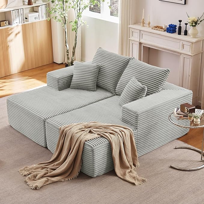 74.8 Oversized Double Chaise Lounge Indoor Upholstered Deep Seat Cloud Couch Corduroy Lounge Chair Modern Sofa Bed Loveseat Sleeper Chair for Living Room Bedroom Apartment Light Grey