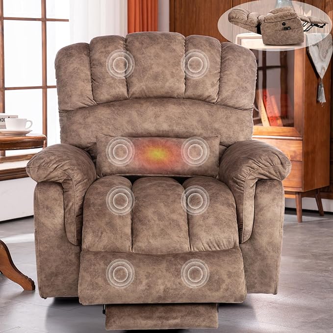 VIVIJASON Tall Man Large Dual Motor Power Lift Recliner Chair with Extended Footrest Overstuffed Lay Flat Sleeper Electric Recliner W/Heat &amp Massage Lumbar Pillow USB &amp Type-C Ports Plush