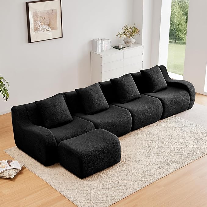 KEIKI 148 L-Shaped Oversized Teddy Modular Sectional Sofa with 1 Ottoman &amp High-Density Foam Cushions &amp Curved Armrest &amp 4 Pillows Streamlined Design Boneless 4-Seater Couch for Living