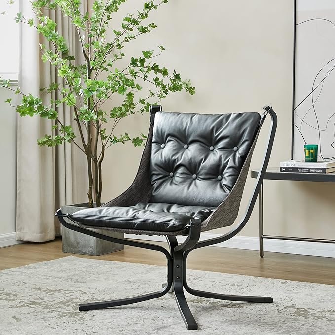 Living Room Chair Genuine Leather Butterfly Chair Handmade Iron Frame Reading Chair Modern Accent Chair for Study Room Reading Bedroom Living Room Office Black