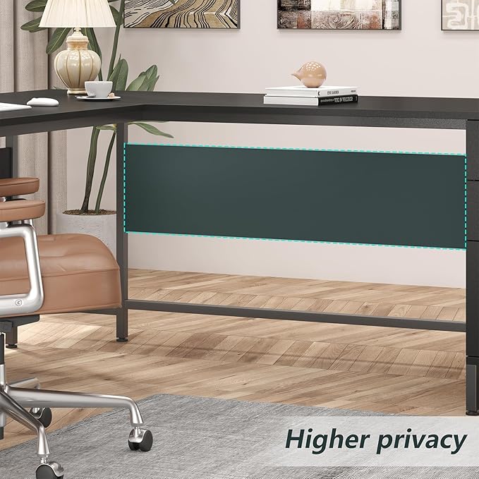 TVU 59’‘ L Shaped Desk with 6 Wood Drawers Large Home Office Corner Computer Desk with Storage File Cabinet Modern Metal Wood Desk for Executive Writing Study Workstation Black