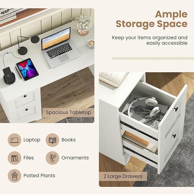Tangkula White Desk with Drawers &amp Charging Station Wooden Home Office Desk PC Laptop Notebook Desk Compact Study Desk Writing Desk Computer Workstation Ideal for Home &amp Office