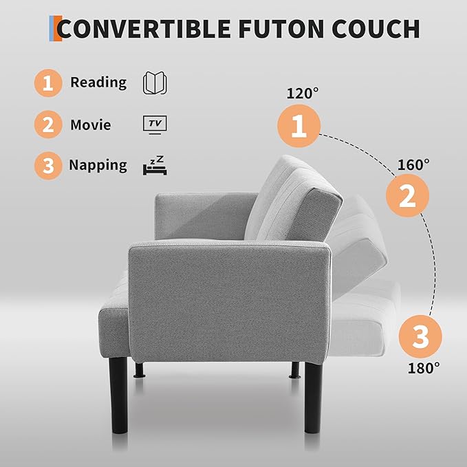 Garvee 75.5 Convertible Sofa Bed Vertical-Stripe Linen-Feel Fabric Sofa Features Sturdy Bed Legs Mid-Century Modern Folding Sofa Suitable for Living Rooms Bedrooms Dorms - Gray