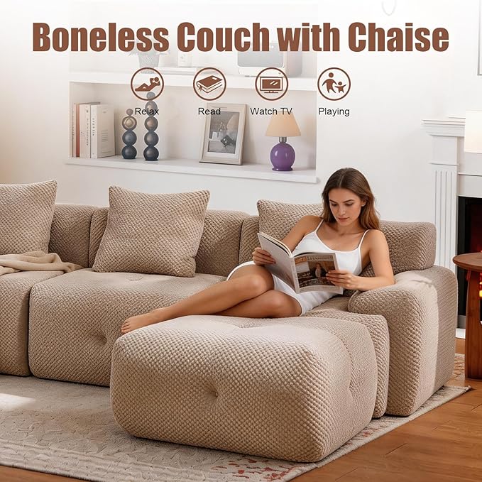 104 Modular Sectional SofaModern L-Shaped Couch Boneless Couch Filling with Spring and Foam Soft Pineapple Lattice Material with Movable Ottoman for Living Room - No Assembly