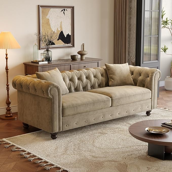 ONBRILL 82 Inch Chesterfield Sofa 23 Inch Deep Seat Velvet Couch for Living Room Button Tufted Couch with Rolled Arms 2 Throw Pillows Comfy Vintage Loveseat Sofa for Apartment Taupe