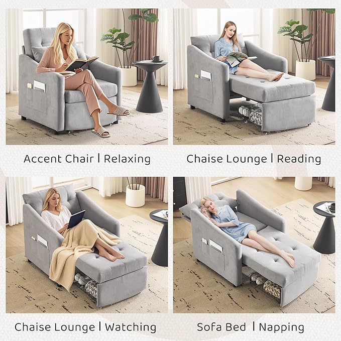 Bezseller Convertible Sofa Bed Chair 3-in-1 Sleeper Chair with Storage Drawer Pull Out Couch with Side Pocket Pillow and Adjustable Backrest for Small Spaces Living Room Light Grey