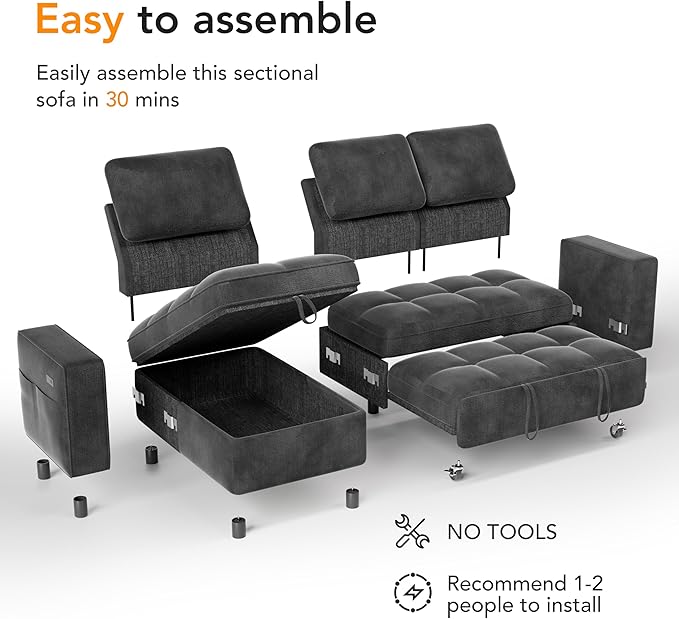 Vipbear 81 Sectional Sleeper Sofa with Pull Out Bed L Shaped Sleeper Sofa Pull Out Couch with Reclining Backrest Reversible Storage Chaise USB Ports Tool-Free Assembly Chenille Dark Grey