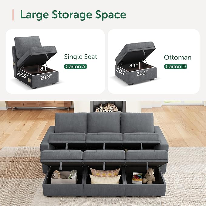 HONBAY Modular Sectional Couch Sleeper Sofa Bed with Storage Seats Oversized Sectional Couches for Living RoomBluish Grey