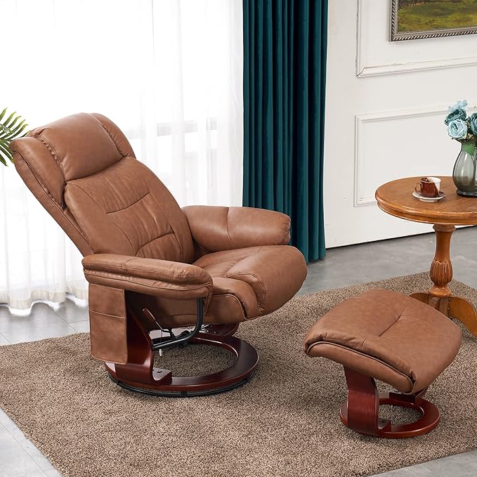 MCombo Swivel Recliner with Ottoman Faux Leather TV Chair with Vibration Massage Ideal for Small Space Living Room &amp Bedroom 4734 (Saddle)