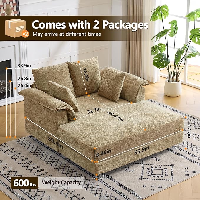 VINGLI Modern Floating Chaise Lounge Chair with LED Lights &amp Acrylic Legs Upholstered Cushion Deep Seat Lounge Sofa with Iron-Wood KD Frame Pillow Armrest Accent Chair for Living Room Apartment