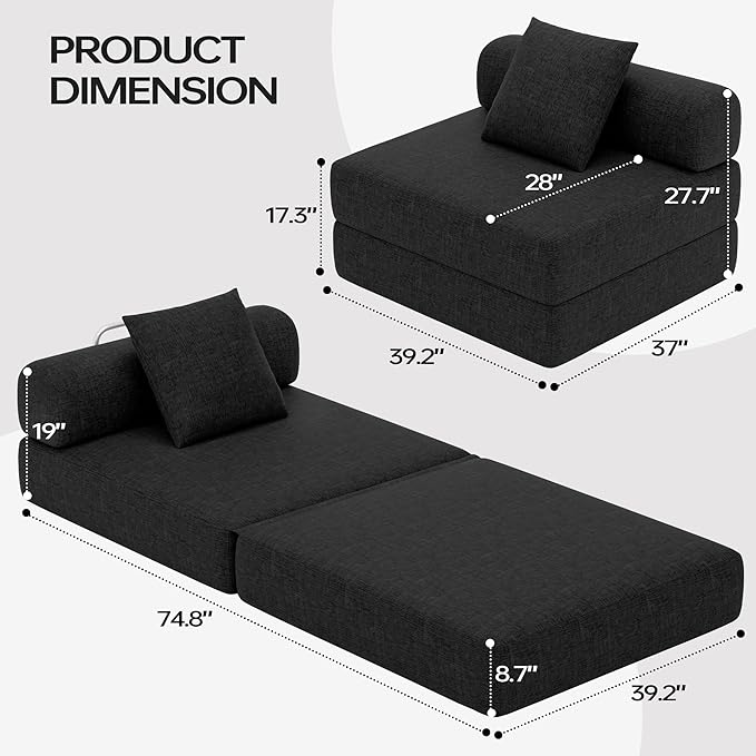 DURASPACE 39.2'' Folding Sofa Bed Floor Foldable Futon with Memory Foam Convertible Sleeper Chair with Back Support for Living Room (Chenille Black)