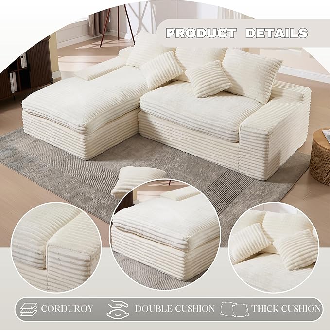 99 Cloud Modular Sectional CouchL-Shape Sofa Couch with Deep SeatModern Boneless Compressed Sofa with Chaise3 Seater Corduroy Couches for Living Room Bedroom No Assembly Required (Beige)