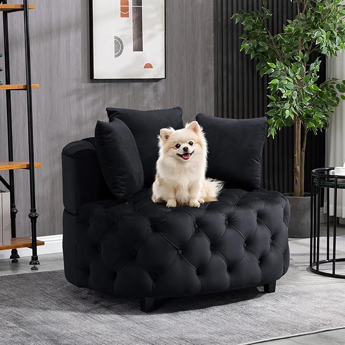 mikibama Black Velvet Accent Chair Upholstered Barrel Chair Lounge Chair with 3 Movable Pillows and Rubber Wood Legs Oversized Round Sofa Chair Reading Chair for Living Room Bedroom Hotel Office