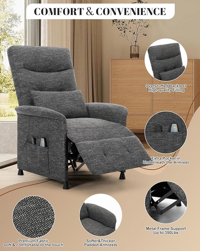 Recliner Chair for Adults Ergonomic Adjustable Lazy Recliner Sofa with Side Pocket Tall Back Wide Arms &amp Padded Seat Perfect for Living Room &amp Home Theater (Dark Gray)
