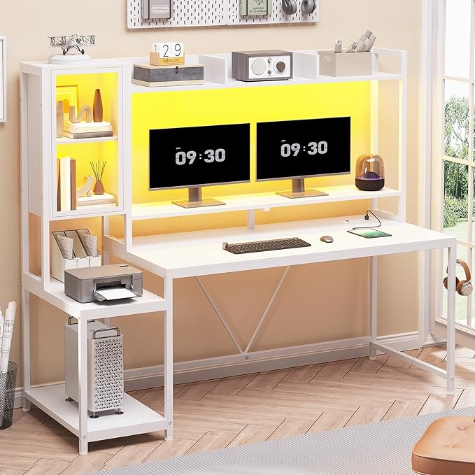 SEDETA White Gaming Desk 60'' Gaming Desk with Hutch and LED Lights Computer Desk with Storage Shelves Large PC Gamer Desk with Display Cabinet Monitor Stand Power Outlet for Home Office