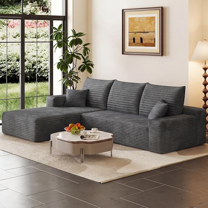 95 Cloud Sectional Couch with L-Shape Chaise Modern Corduroy Boneless Couch for Living RoomMemory Foam Sofa with Deep SeatNo Assembly Required (Dark GrayLeft-Facing Chaise)