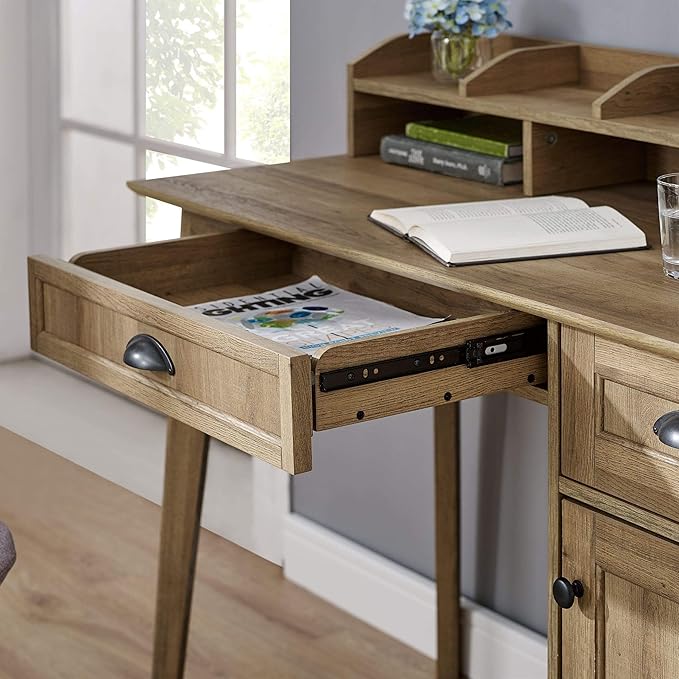 Pemberly Row Wood Writing/Computer Desk with Hutch Golden Oak Finish 47.6 in x 20 in x 36.3 in Engineered Wood and Metal USB Hub Multiuse Drawer Durable Home Office Desk for Bedroom or Dorm