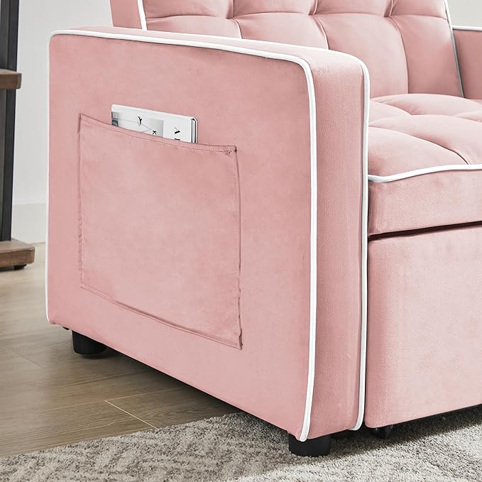 3-in-1 Futon Couch Sofa Bed Chair Convertible Sleeper Sofa with Pull-Out Bed Folding Sofa Bed with Reclining Backrest and Side Pocket Sofa Recliner Single Bed Adult Modern Chair Bed Berth (Pink)