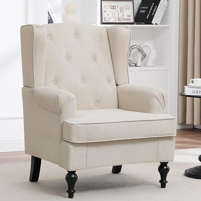 Accent Chair for Living Room Mid Century Modern Upholstered Armchair Wingback Chair with Tufted High Back and Solid Legs Comfy Single Sofa Side Chairs for Bedroom Khaki