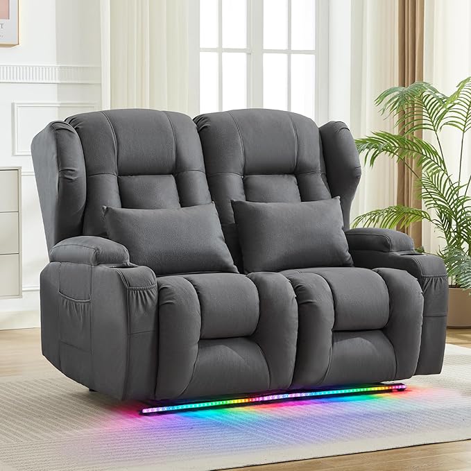 BINGTOO Manual Double Loveseat Recliner Sofa 2-Seater RV Wall Hugger Couch for Living Room &amp Home Theater with Cup Holders/Side Pockets/Lumbar Pillows Fabric Dark Gray