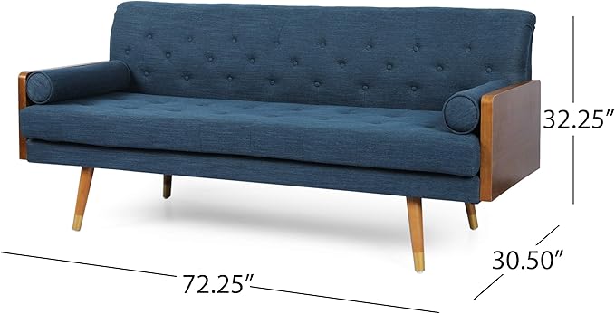 GDFStudio Mid-Century Modern Tufted Fabric Sofa Navy Blue and Dark Walnut