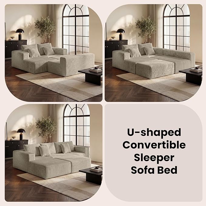 Belhome 135 Oversized Modular Sectional Sofa U-Shaped Cloud Couch with 59 Deep Seat Corduroy Boneless Couch with Convertible Chaise High-Resilience Foam Compression Sofa Camel 3 Packages