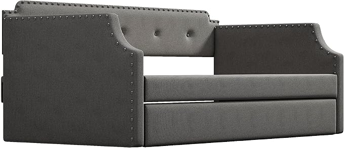 Flieks Twin Upholstered Daybed Linen Fabric Upholstered Tufted Sofa Bed with TrundleSofa Bed Trundle Daybed with Wood FrameGray