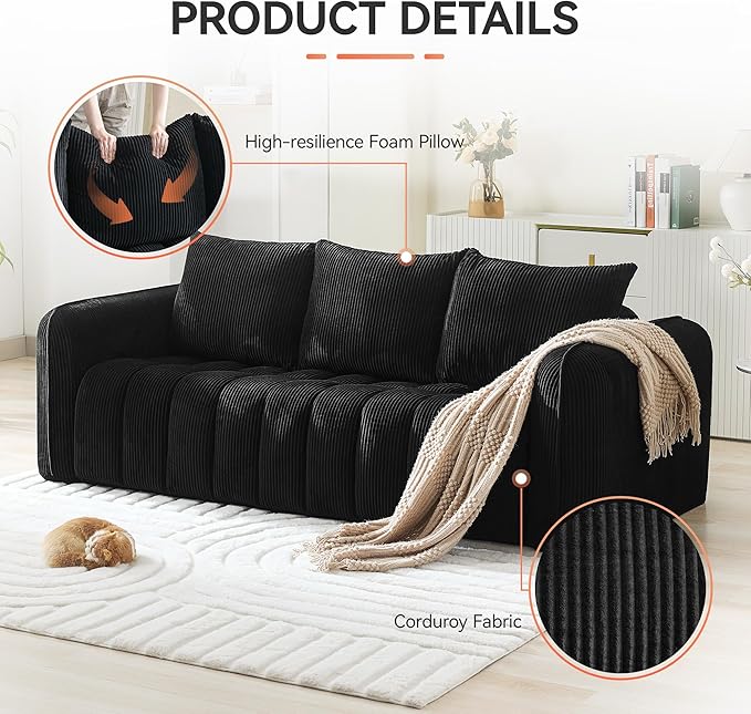 83'' Boneless Corduroy Sofa Oversized 3 Seater Deep Seat Couch with Rounded Armrest Modern Upholstered Cloud Sofa for Living Room No Assembly Black