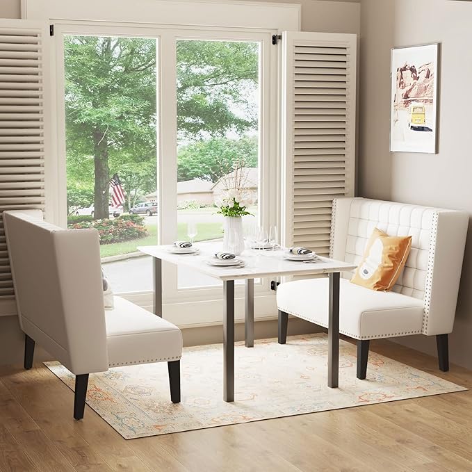 Andeworld Modern Loveseat Settee Bench Sofa Couch Upholstered Banquette Dining Bench with Back for Dining Living Room Hallway or Entryway SeatingWhite