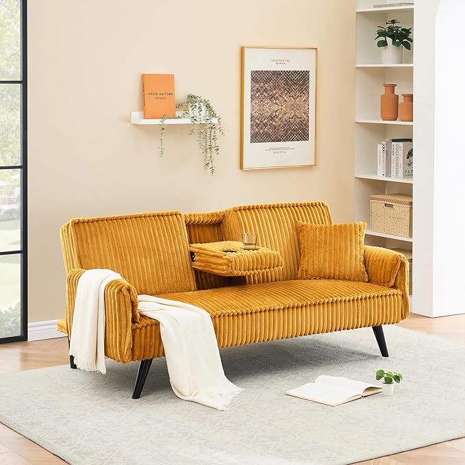 72 Modern Corduroy Sofa Bed FutonConvertible Sleeper Couch Bed with Cup Holder4 Reclining PositionsFolding Sofa Cloud Loveseat for Small Living Room Apartment Office (Orange-New)