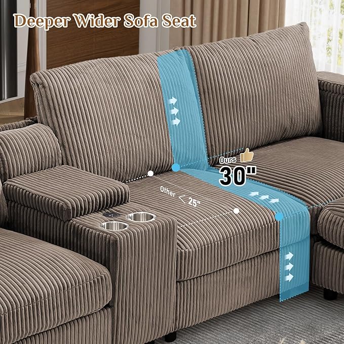 153 W x 60 D U Shape Sectional Sofa with USB Charging &amp Cup Holder &amp Storage 6 Seater Plush Corduroy Couches with Movable Ottoman Cloud Couch Sofas for Living Room DIY Combination - Brown