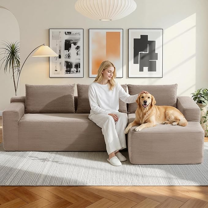 97 Cloud Sectional Couch Modern Boneless Couch with L-Shape Chaise Deep Seat Modular Sectional Sofa Corduroy Corner Foam Couches for Living RoomNo Assembly Required (Camel Right Chaise)