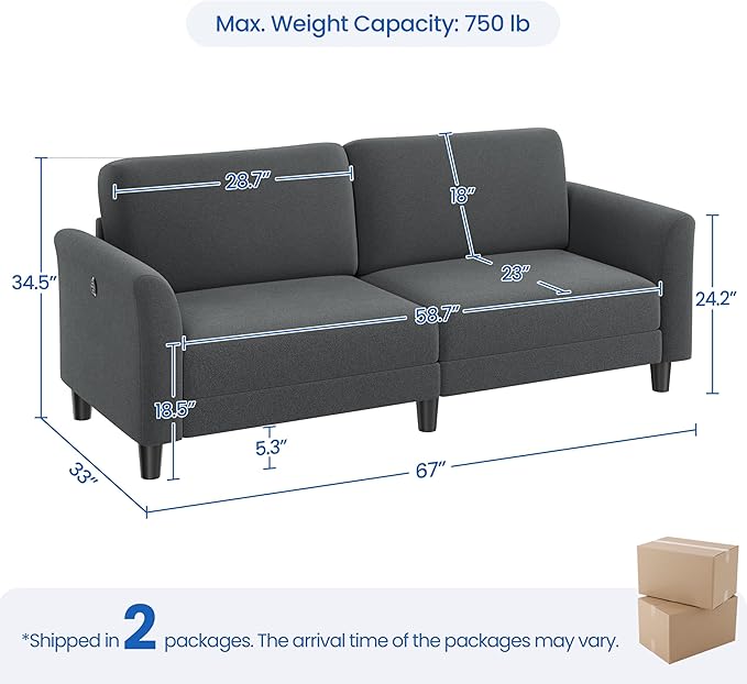 Yaheetech 67 W Fabric Sofa Couch 2 Seater Loveseat Sofa with USB Charging Ports Upholstered Sofa Living Room Office Bedroom Dark Gray