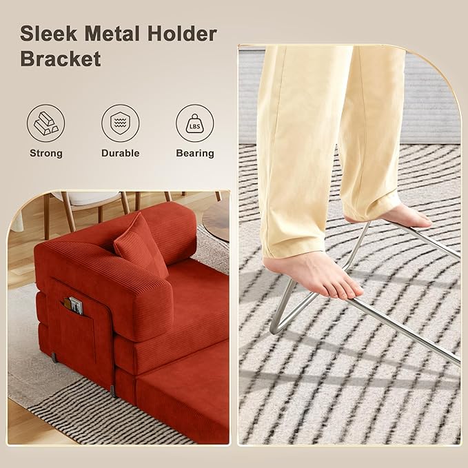 107 L-Shaped Modular Sofa Bed Multi Convertible Boneless Floor Couch Cozy Corduroy Sleeper Couch Sectional Futon Lounge for Living Room &amp Rest Area with 3 Exquisite Throw Pillows | Orange | So