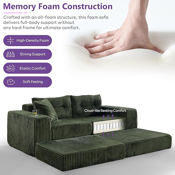 TYBOATLE Modular Cloud Sofa Loveseat with Ottoman Modern Corduroy Boneless Sectional Foam Couch with Deep Seats Convertible Sleeper Sofa Bed for Living Room No Assembly (Forest Green 2 Seat)